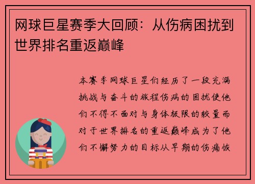网球巨星赛季大回顾：从伤病困扰到世界排名重返巅峰